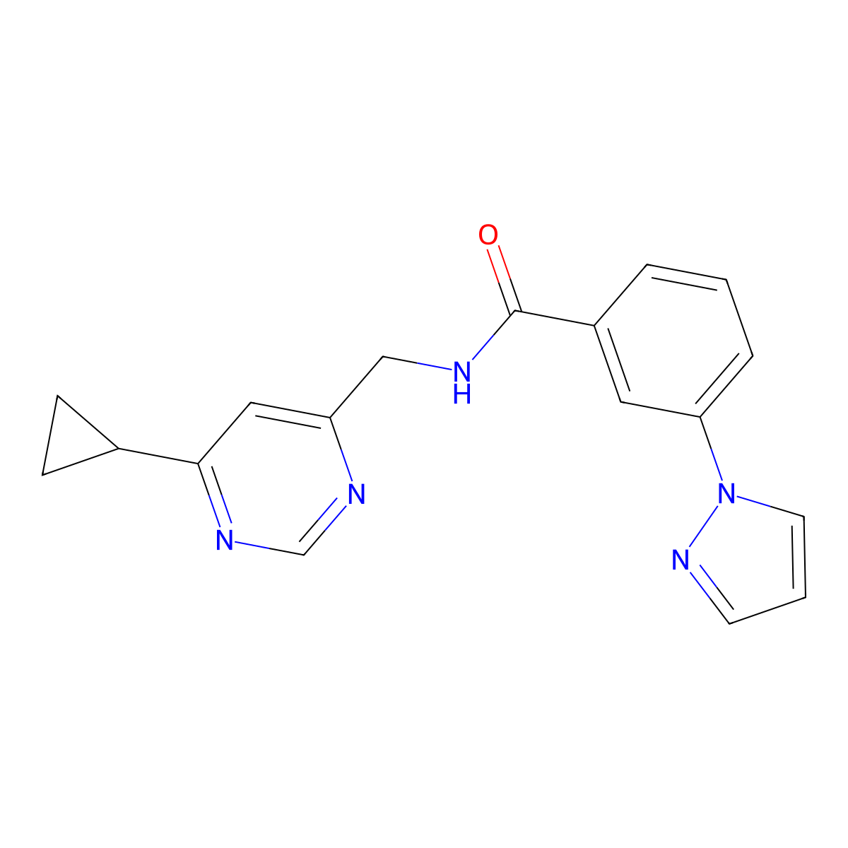 N-[(6-cyclopropylpyrimidin-4-yl)methyl]-3-(1H-pyrazol-1-yl)benzamide molecular structure, CAS 2176152-28-4