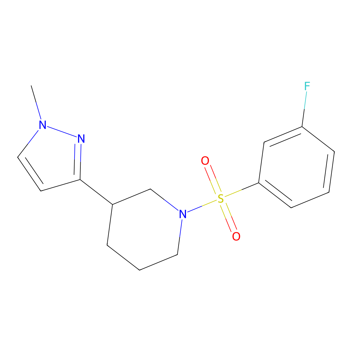 1-((3-fluorophenyl)sulfonyl)-3-(1-methyl-1H-pyrazol-3-yl)piperidine molecular structure, CAS 2176152-29-5
