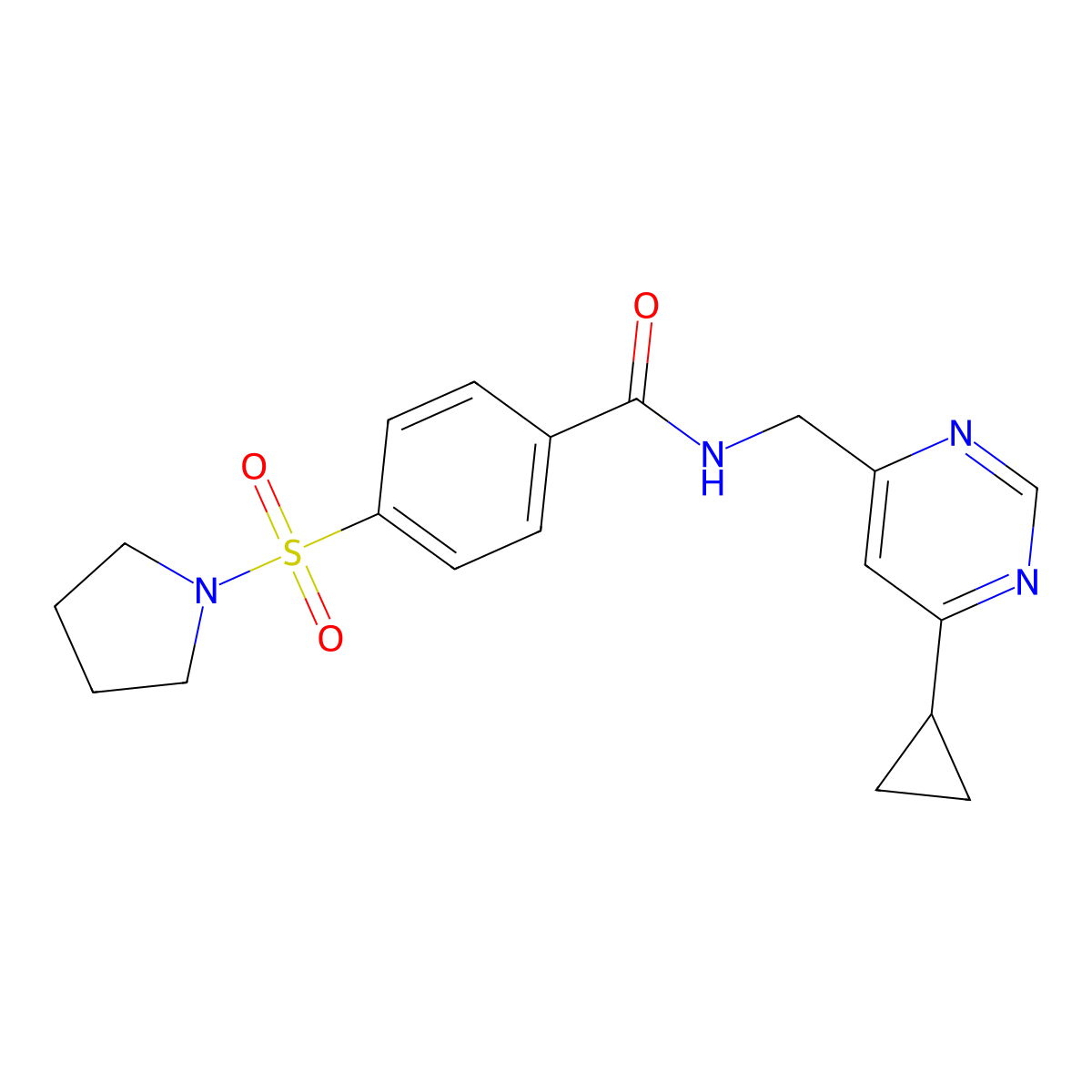 N-((6-cyclopropylpyrimidin-4-yl)methyl)-4-(pyrrolidin-1-ylsulfonyl)benzamide molecular structure, CAS 2176152-31-9