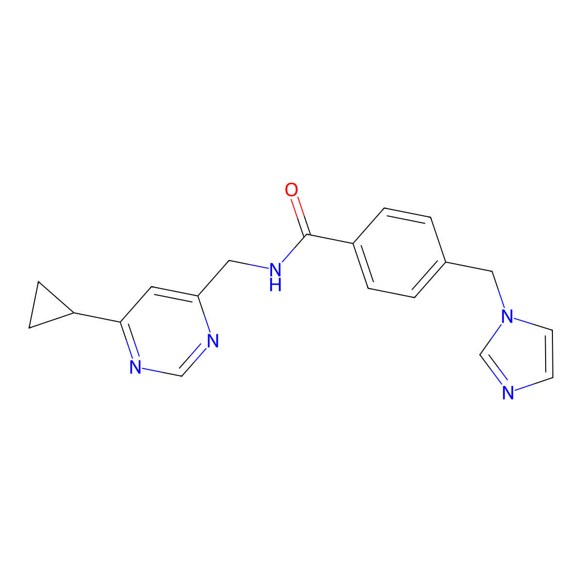 4-((1H-imidazol-1-yl)methyl)-N-((6-cyclopropylpyrimidin-4-yl)methyl)benzamide molecular structure, CAS 2176152-33-1