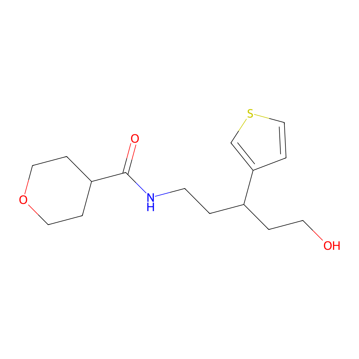 N-[5-hydroxy-3-(thiophen-3-yl)pentyl]oxane-4-carboxamide molecular structure, CAS 2176152-47-7