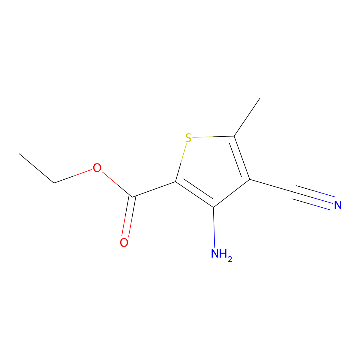 Ethyl 3-amino-4-cyano-5-methyl-2-thiophenecarboxylate molecular structure, CAS 21762-88-9