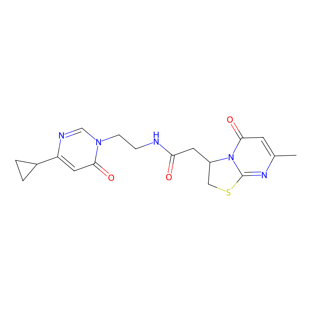 N-(2-(4-cyclopropyl-6-oxopyrimidin-1(6H)-yl)ethyl)-2-(7-methyl-5-oxo-3,5-dihydro-2H-thiazolo[3,2-a]pyrimidin-3-yl)acetamide molecular structure, CAS 2176201-02-6