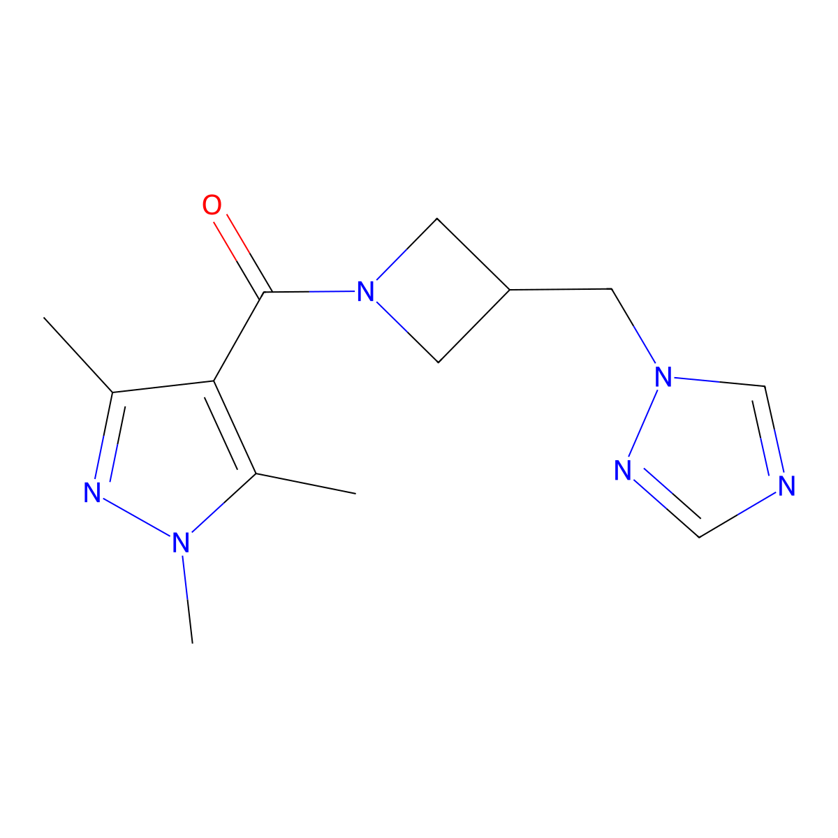 1-{[1-(1,3,5-trimethyl-1H-pyrazole-4-carbonyl)azetidin-3-yl]methyl}-1H-1,2,4-triazole molecular structure, CAS 2176201-04-8