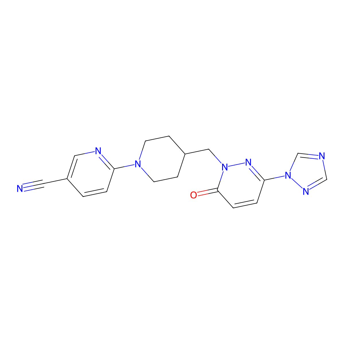 6-(4-{[6-oxo-3-(1H-1,2,4-triazol-1-yl)-1,6-dihydropyridazin-1-yl]methyl}piperidin-1-yl)pyridine-3-carbonitrile molecular structure, CAS 2176201-05-9