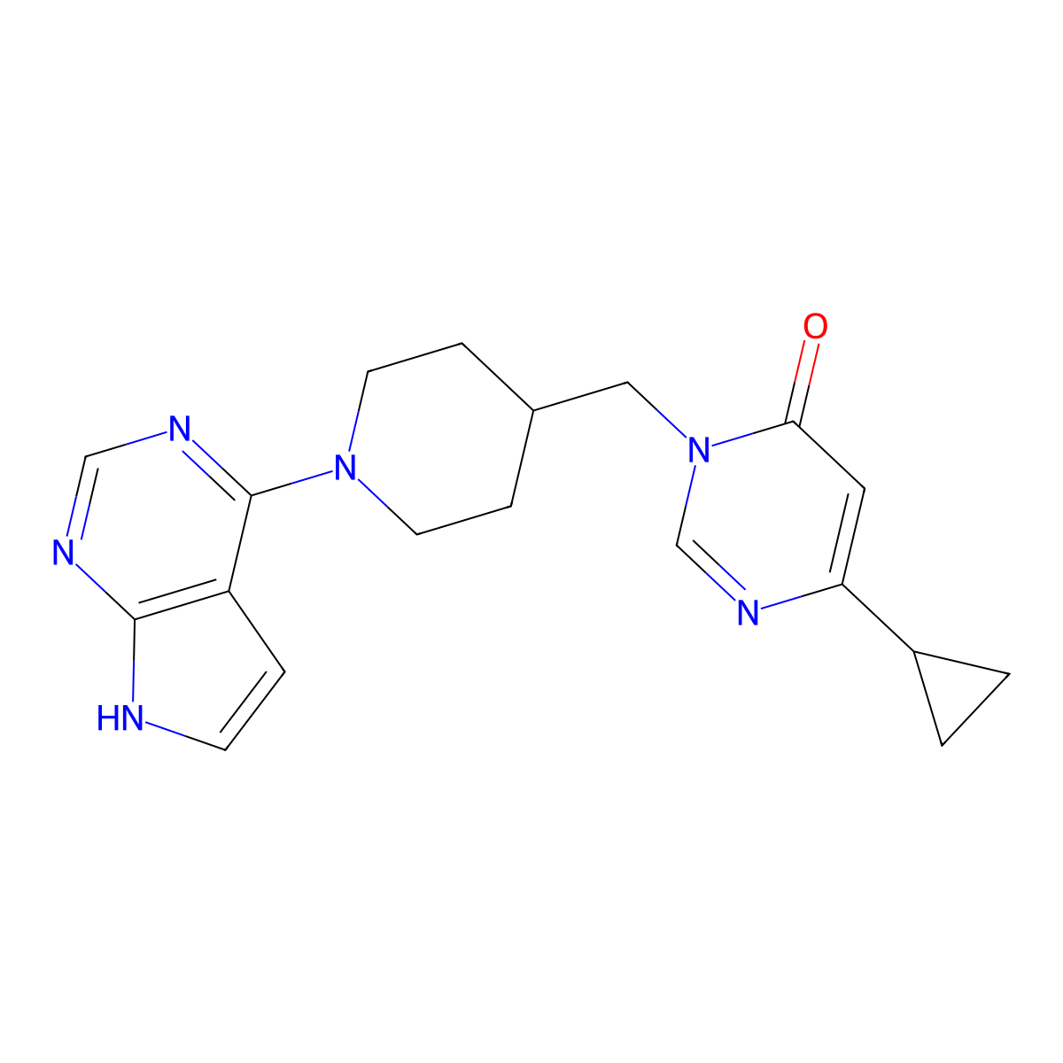 6-cyclopropyl-3-[(1-{7H-pyrrolo[2,3-d]pyrimidin-4-yl}piperidin-4-yl)methyl]-3,4-dihydropyrimidin-4-one molecular structure, CAS 2176201-15-1
