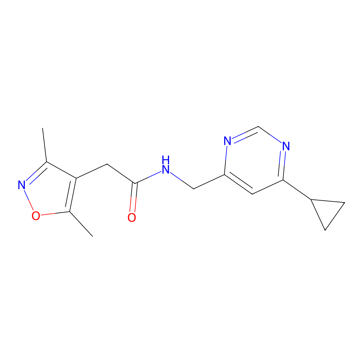 N-[(6-cyclopropylpyrimidin-4-yl)methyl]-2-(3,5-dimethyl-1,2-oxazol-4-yl)acetamide molecular structure, CAS 2176201-16-2