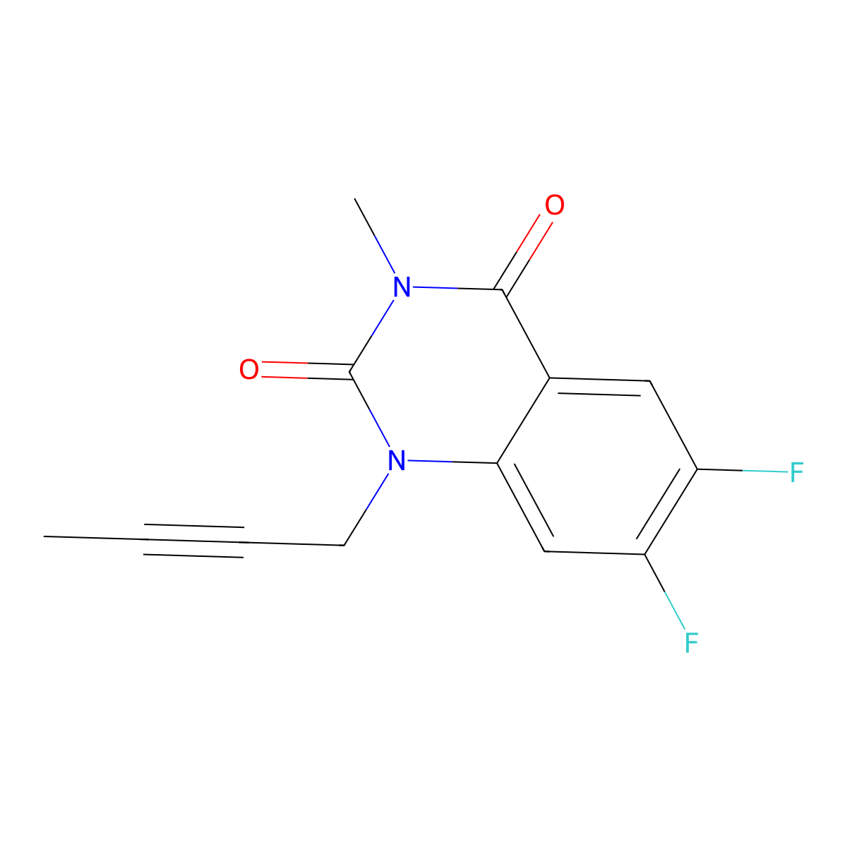 1-(but-2-yn-1-yl)-6,7-difluoro-3-methylquinazoline-2,4(1H,3H)-dione molecular structure, CAS 2176201-19-5
