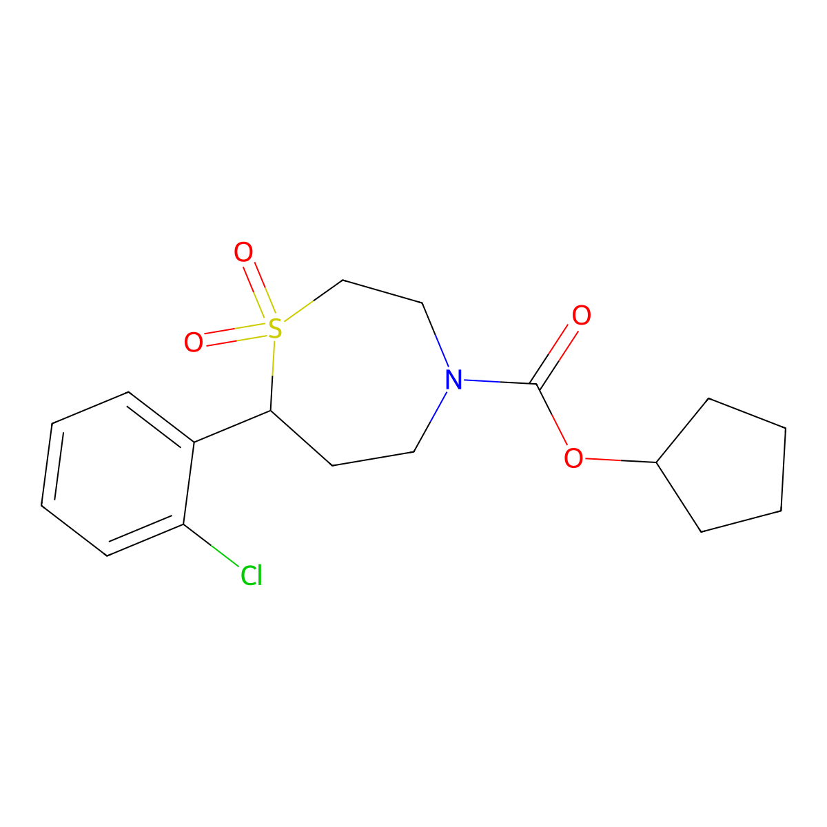 Cyclopentyl 7-(2-chlorophenyl)-1,4-thiazepane-4-carboxylate 1,1-dioxide molecular structure, CAS 2176201-32-2