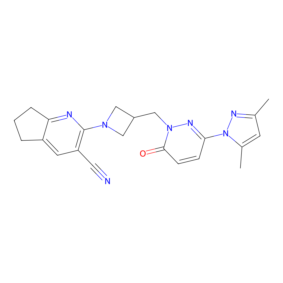 2-(3-{[3-(3,5-dimethyl-1H-pyrazol-1-yl)-6-oxo-1,6-dihydropyridazin-1-yl]methyl}azetidin-1-yl)-5H,6H,7H-cyclopenta[b]pyridine-3-carbonitrile molecular structure, CAS 2176201-35-5