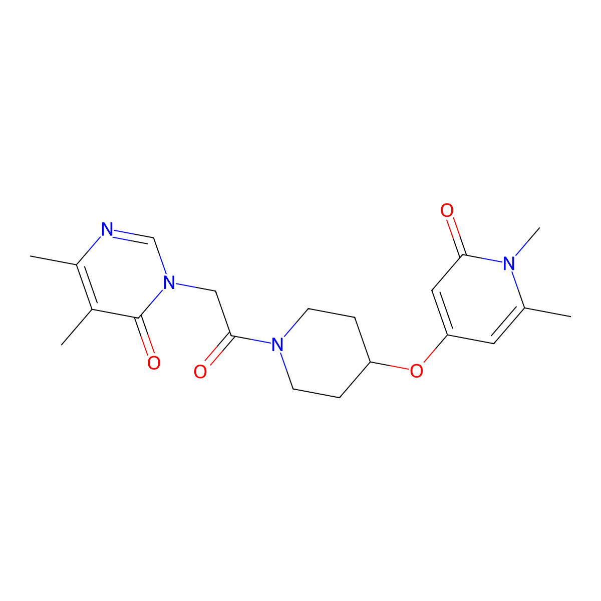 3-(2-(4-((1,6-dimethyl-2-oxo-1,2-dihydropyridin-4-yl)oxy)piperidin-1-yl)-2-oxoethyl)-5,6-dimethylpyrimidin-4(3H)-one molecular structure, CAS 2176201-45-7
