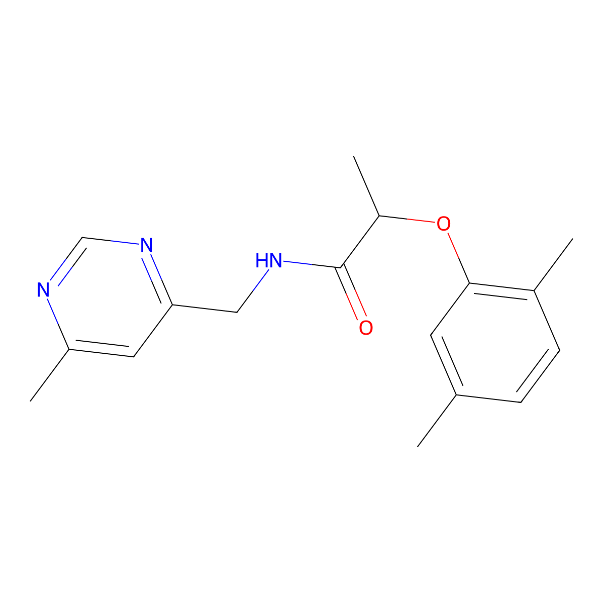 2-(2,5-dimethylphenoxy)-N-[(6-methylpyrimidin-4-yl)methyl]propanamide molecular structure, CAS 2176201-49-1