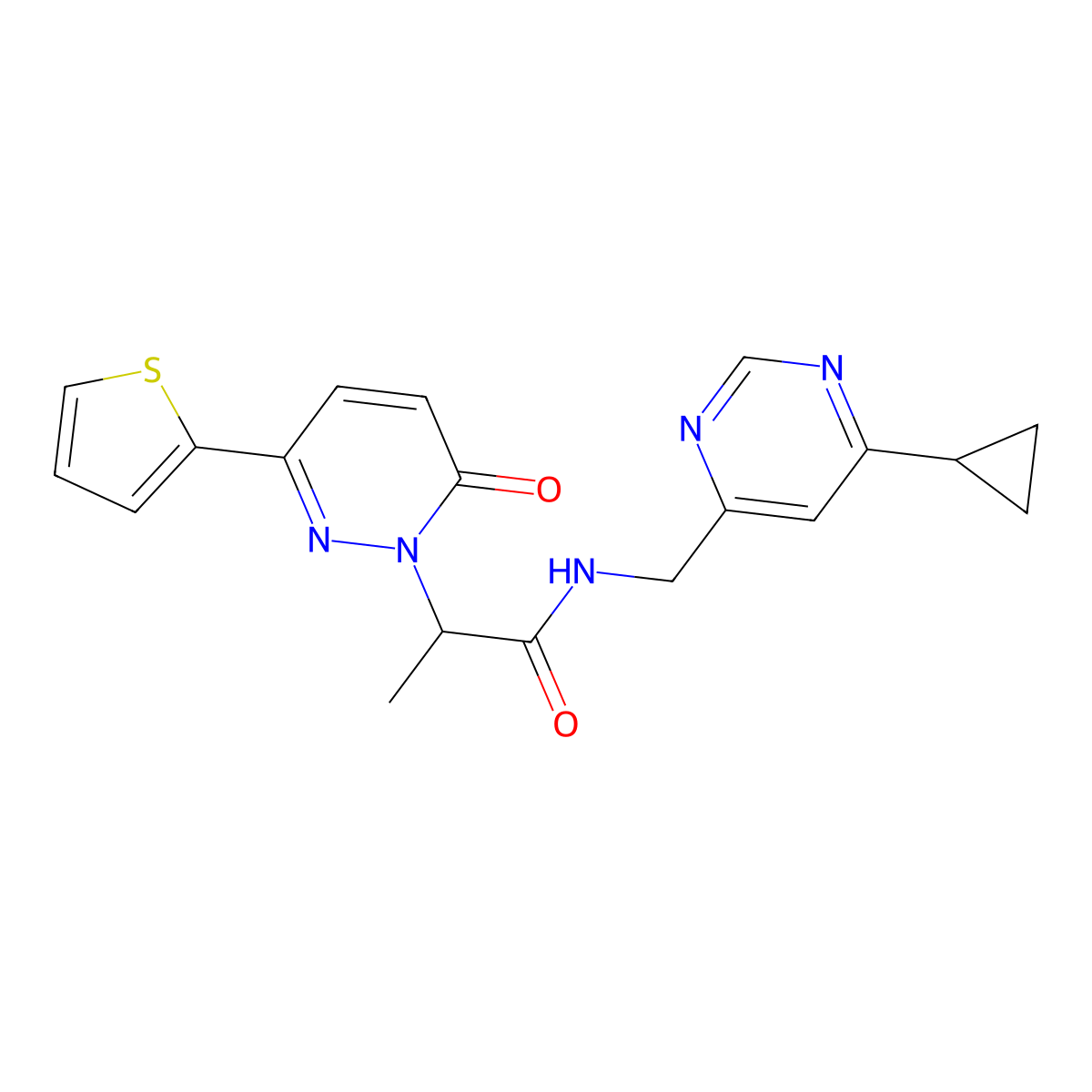 N-((6-cyclopropylpyrimidin-4-yl)methyl)-2-(6-oxo-3-(thiophen-2-yl)pyridazin-1(6H)-yl)propanamide molecular structure, CAS 2176201-57-1