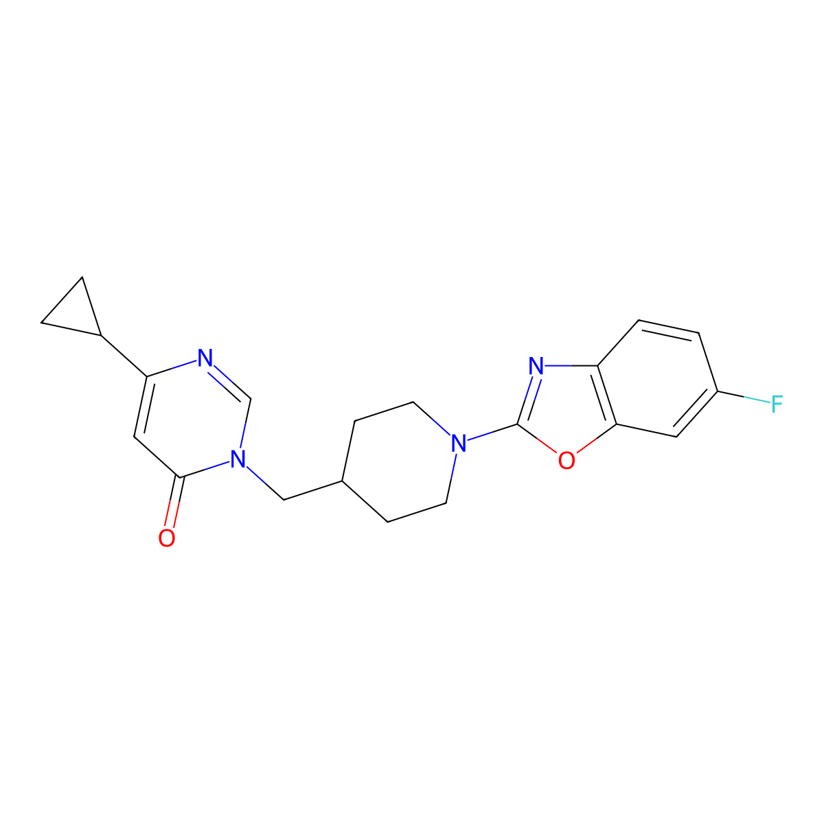 6-Cyclopropyl-3-{[1-(6-fluoro-1,3-benzoxazol-2-yl)piperidin-4-yl]methyl}-3,4-dihydropyrimidin-4-one molecular structure, CAS 2176201-60-6