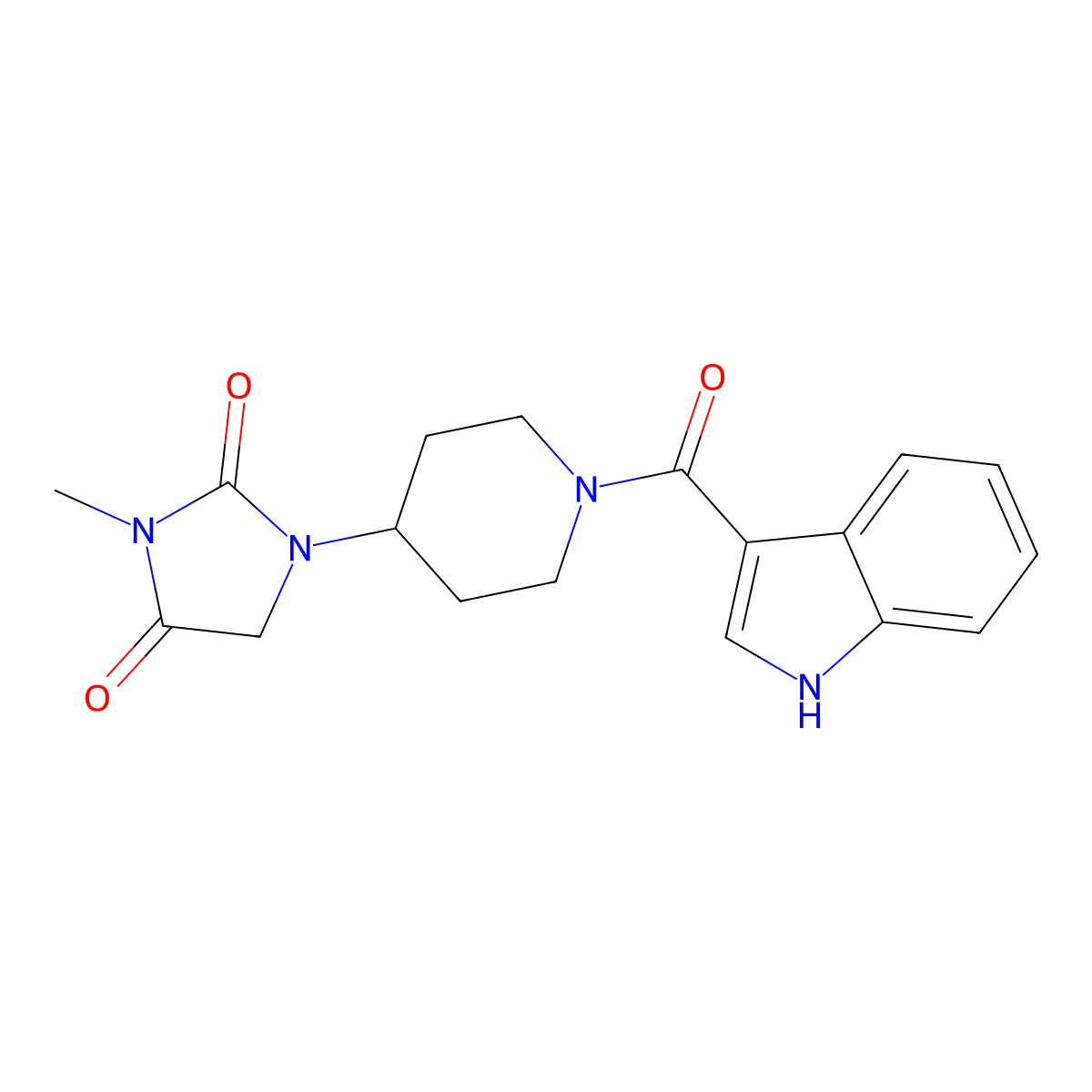 1-[1-(1H-indole-3-carbonyl)piperidin-4-yl]-3-methylimidazolidine-2,4-dione molecular structure, CAS 2176201-86-6