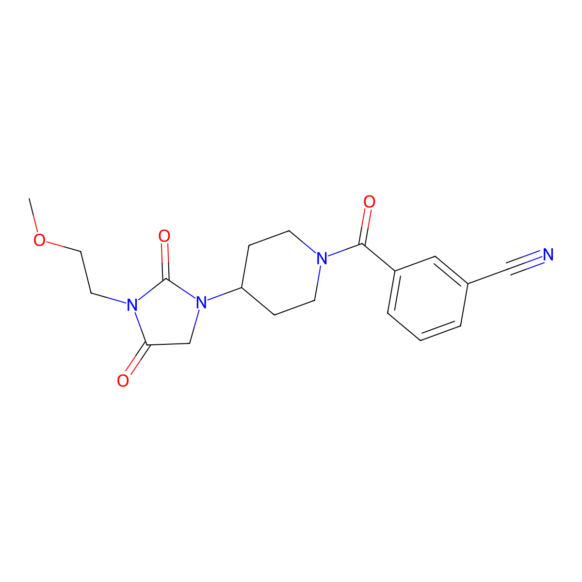 3-(4-(3-(2-Methoxyethyl)-2,4-dioxoimidazolidin-1-yl)piperidine-1-carbonyl)benzonitrile molecular structure, CAS 2176202-14-3