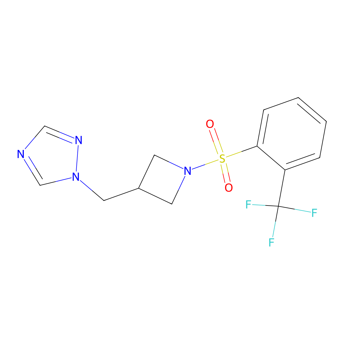 1-({1-[2-(trifluoromethyl)benzenesulfonyl]azetidin-3-yl}methyl)-1H-1,2,4-triazole molecular structure, CAS 2176202-16-5