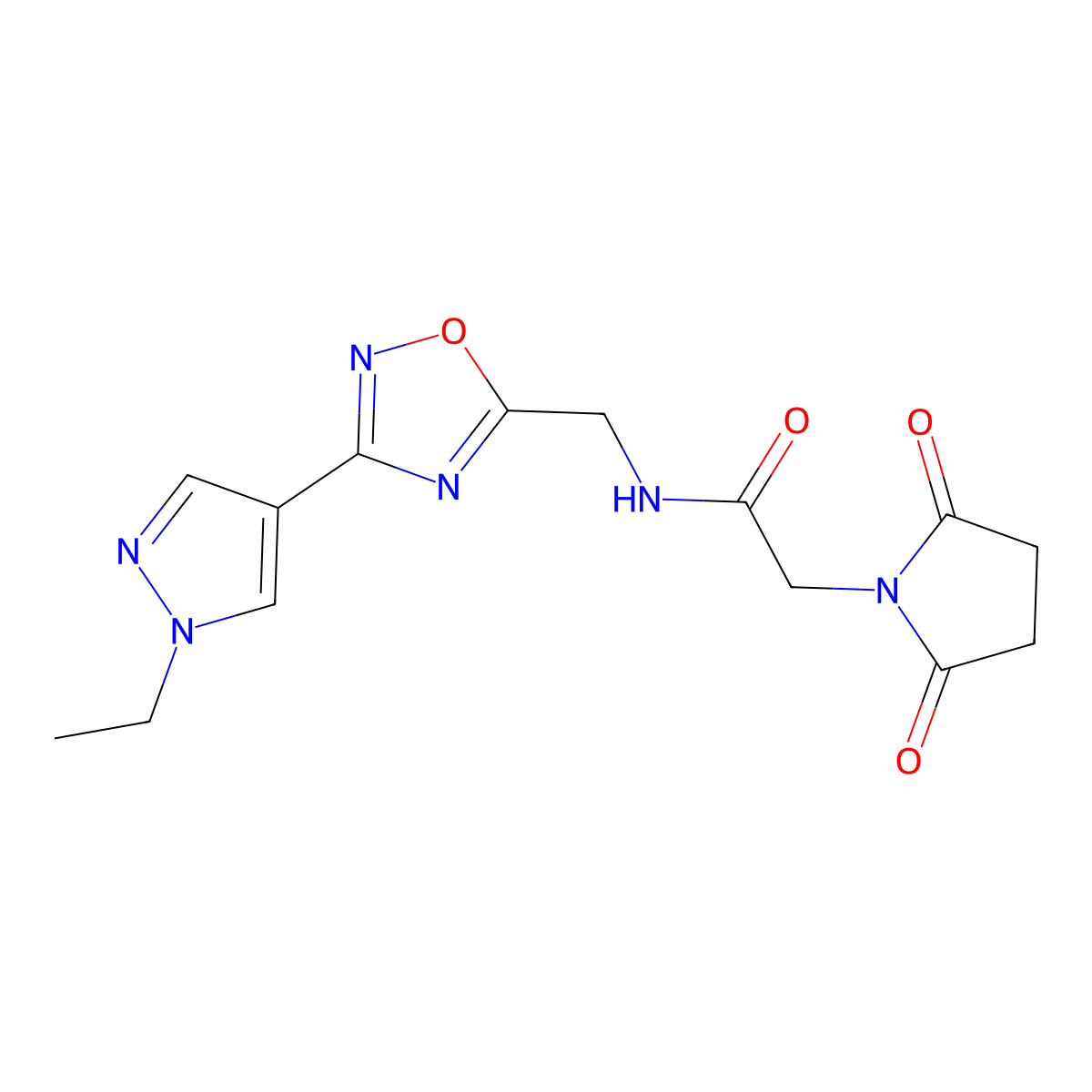 2-(2,5-dioxopyrrolidin-1-yl)-N-{[3-(1-ethyl-1H-pyrazol-4-yl)-1,2,4-oxadiazol-5-yl]methyl}acetamide molecular structure, CAS 2176269-65-9