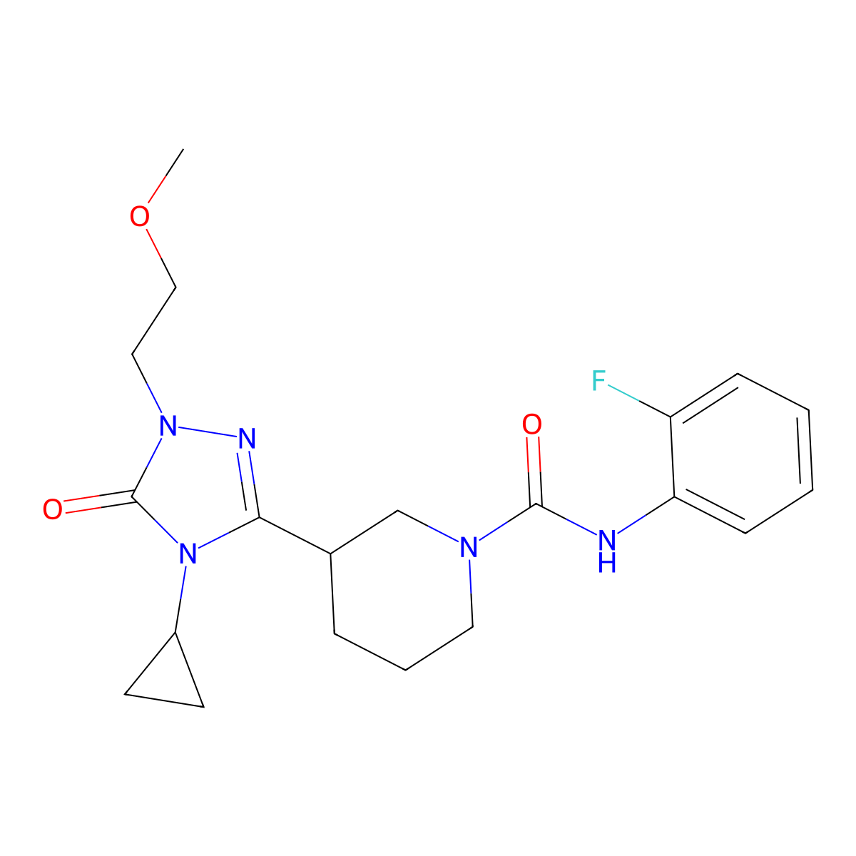3-[4-cyclopropyl-1-(2-methoxyethyl)-5-oxo-4,5-dihydro-1H-1,2,4-triazol-3-yl]-N-(2-fluorophenyl)piperidine-1-carboxamide molecular structure, CAS 2176269-73-9