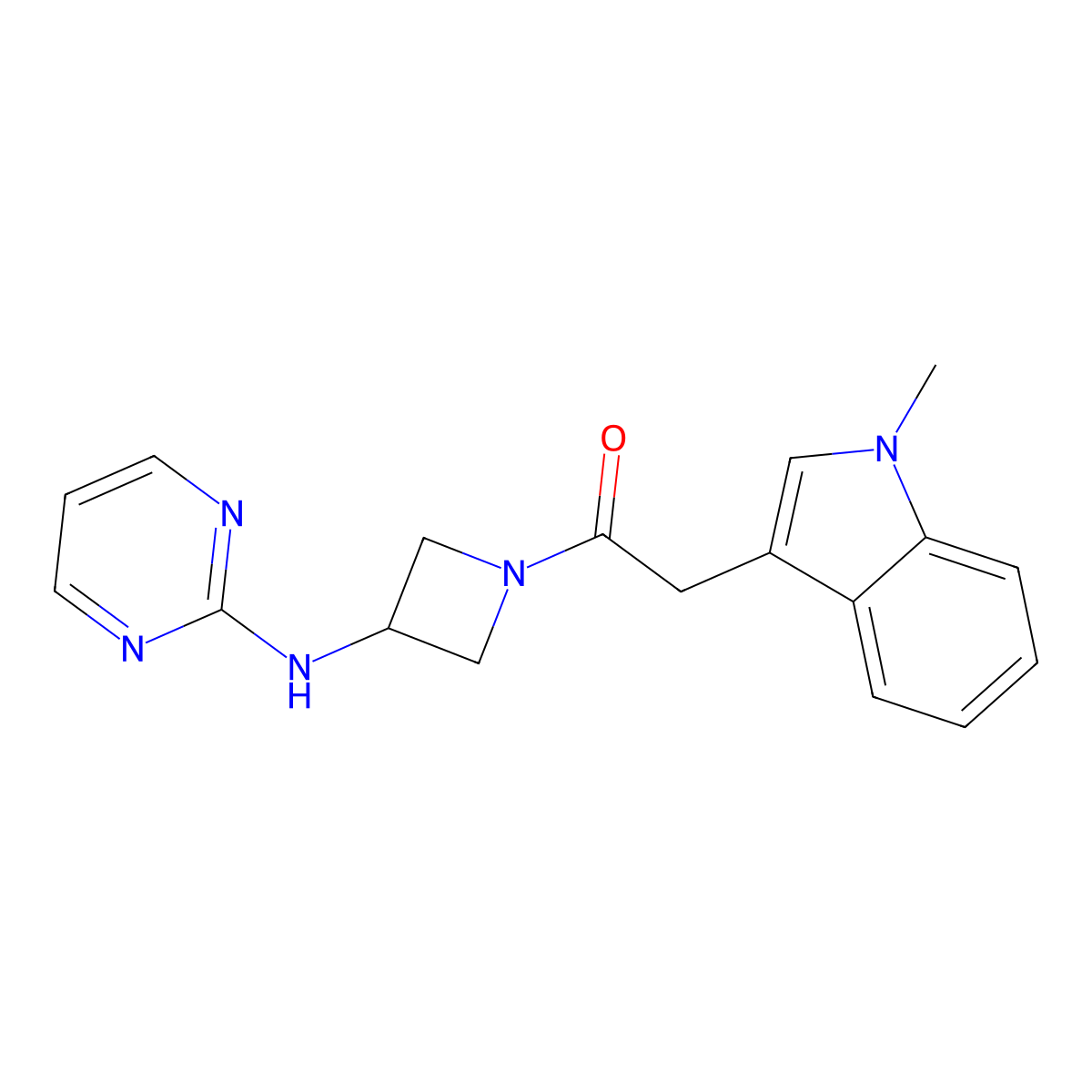 2-(1-methyl-1H-indol-3-yl)-1-(3-(pyrimidin-2-ylamino)azetidin-1-yl)ethanone molecular structure, CAS 2176269-76-2
