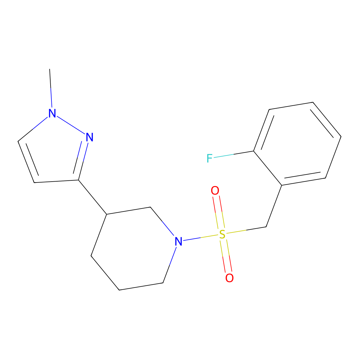 1-((2-fluorobenzyl)sulfonyl)-3-(1-methyl-1H-pyrazol-3-yl)piperidine molecular structure, CAS 2176269-77-3