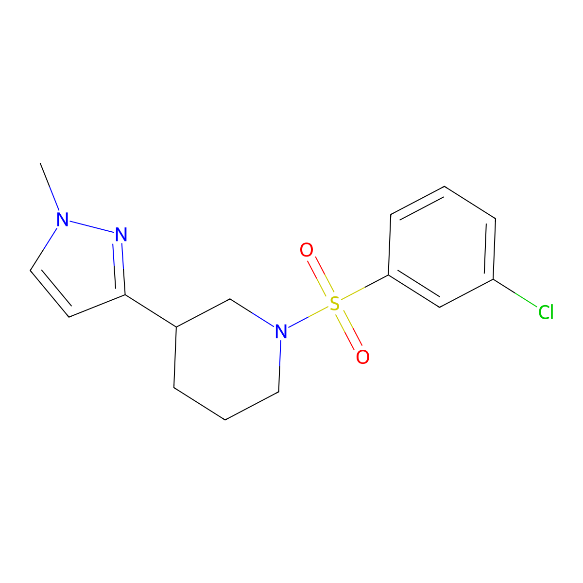 1-((3-chlorophenyl)sulfonyl)-3-(1-methyl-1H-pyrazol-3-yl)piperidine molecular structure, CAS 2176270-03-2