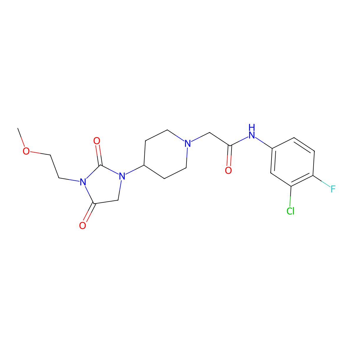 N-(3-chloro-4-fluorophenyl)-2-(4-(3-(2-methoxyethyl)-2,4-dioxoimidazolidin-1-yl)piperidin-1-yl)acetamide molecular structure, CAS 2176270-28-1