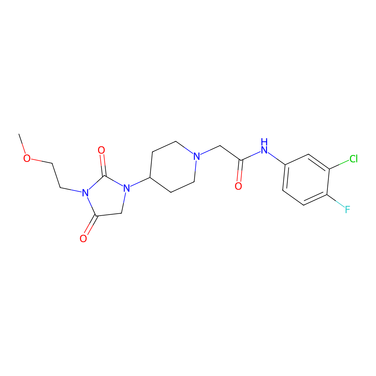 N-(3-chloro-4-fluorophenyl)-2-(4-(3-(2-methoxyethyl)-2,4-dioxoimidazolidin-1-yl)piperidin-1-yl)acetamide molecular structure, CAS 2176270-28-1