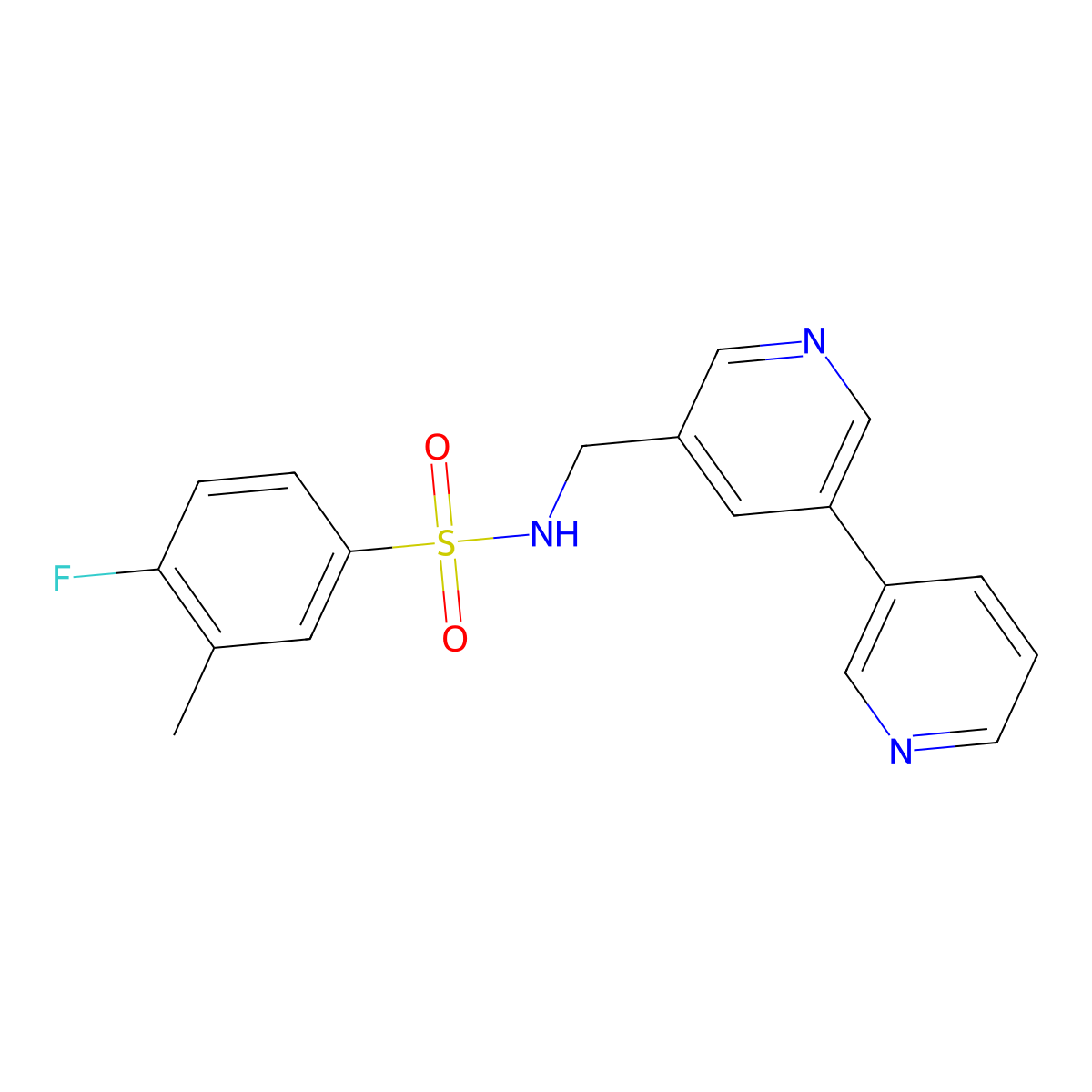 N-({[3,3'-bipyridine]-5-yl}methyl)-4-fluoro-3-methylbenzene-1-sulfonamide molecular structure, CAS 2176270-29-2
