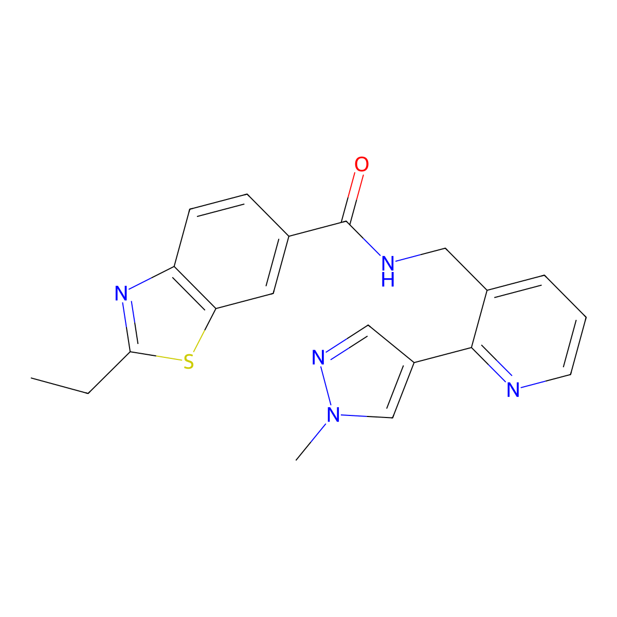 2-ethyl-N-((2-(1-methyl-1H-pyrazol-4-yl)pyridin-3-yl)methyl)benzo[d]thiazole-6-carboxamide molecular structure, CAS 2176270-41-8