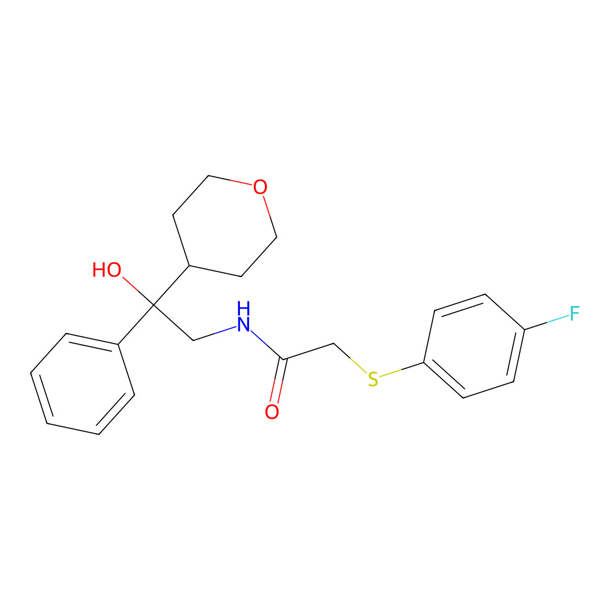 2-((4-fluorophenyl)thio)-N-(2-hydroxy-2-phenyl-2-(tetrahydro-2H-pyran-4-yl)ethyl)acetamide molecular structure, CAS 2176270-46-3