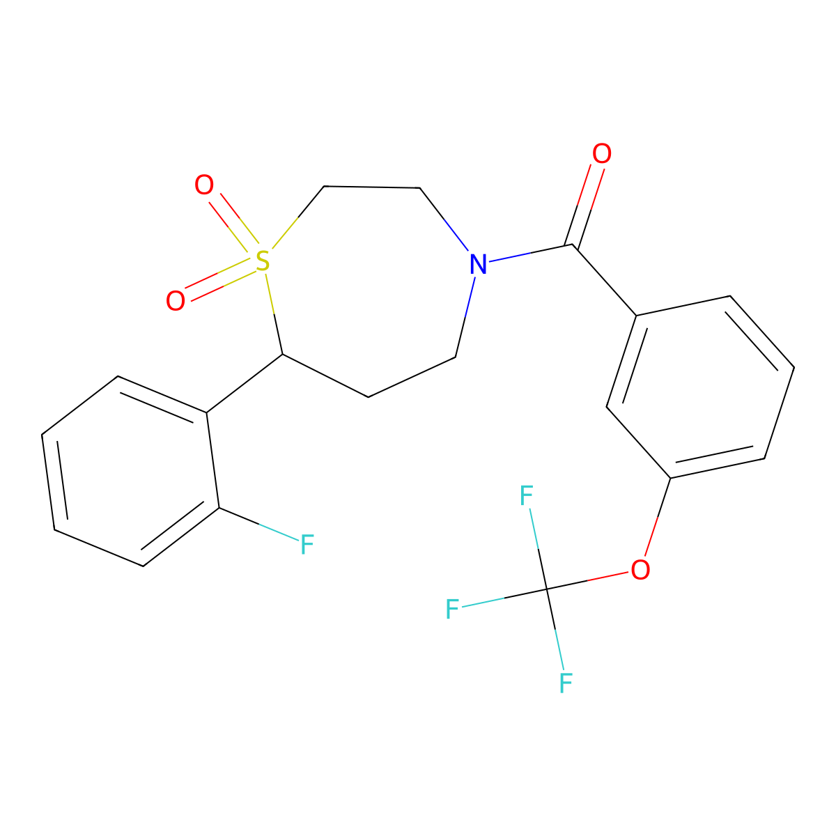 (7-(2-Fluorophenyl)-1,1-dioxido-1,4-thiazepan-4-yl)(3-(trifluoromethoxy)phenyl)methanone molecular structure, CAS 2176270-56-5