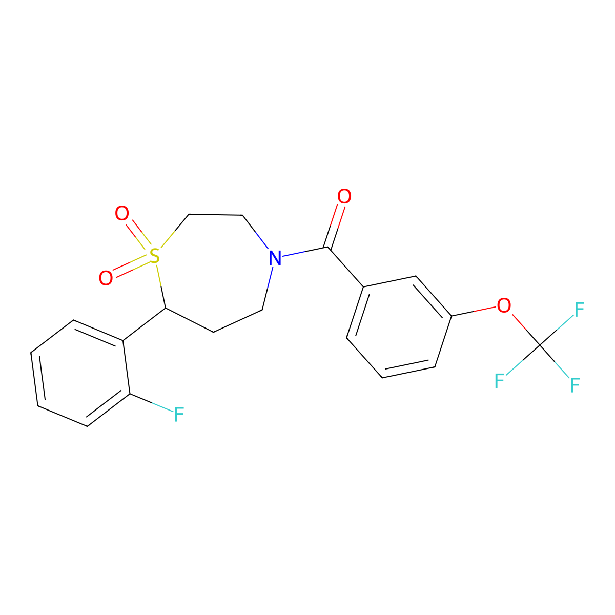 (7-(2-Fluorophenyl)-1,1-dioxido-1,4-thiazepan-4-yl)(3-(trifluoromethoxy)phenyl)methanone molecular structure, CAS 2176270-56-5