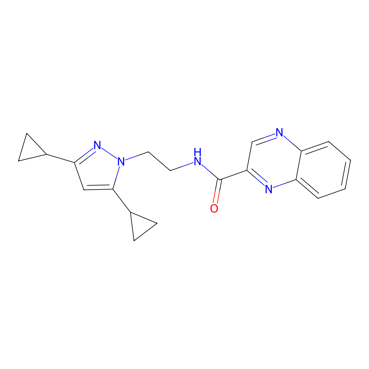 N-[2-(3,5-dicyclopropyl-1H-pyrazol-1-yl)ethyl]quinoxaline-2-carboxamide molecular structure, CAS 2176270-57-6