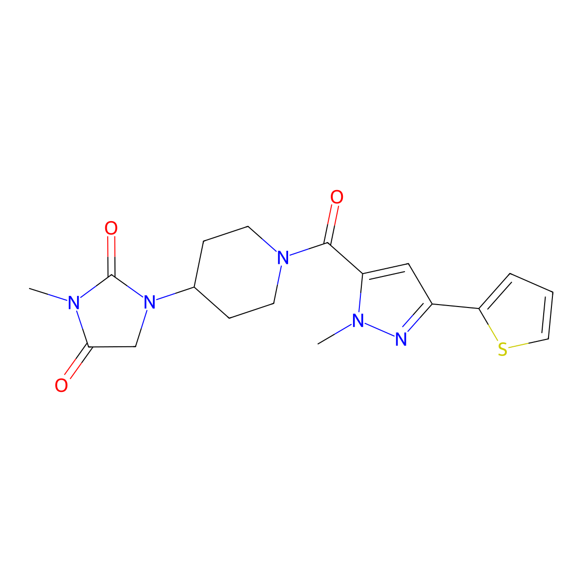 3-methyl-1-{1-[1-methyl-3-(thiophen-2-yl)-1H-pyrazole-5-carbonyl]piperidin-4-yl}imidazolidine-2,4-dione molecular structure, CAS 2176270-59-8