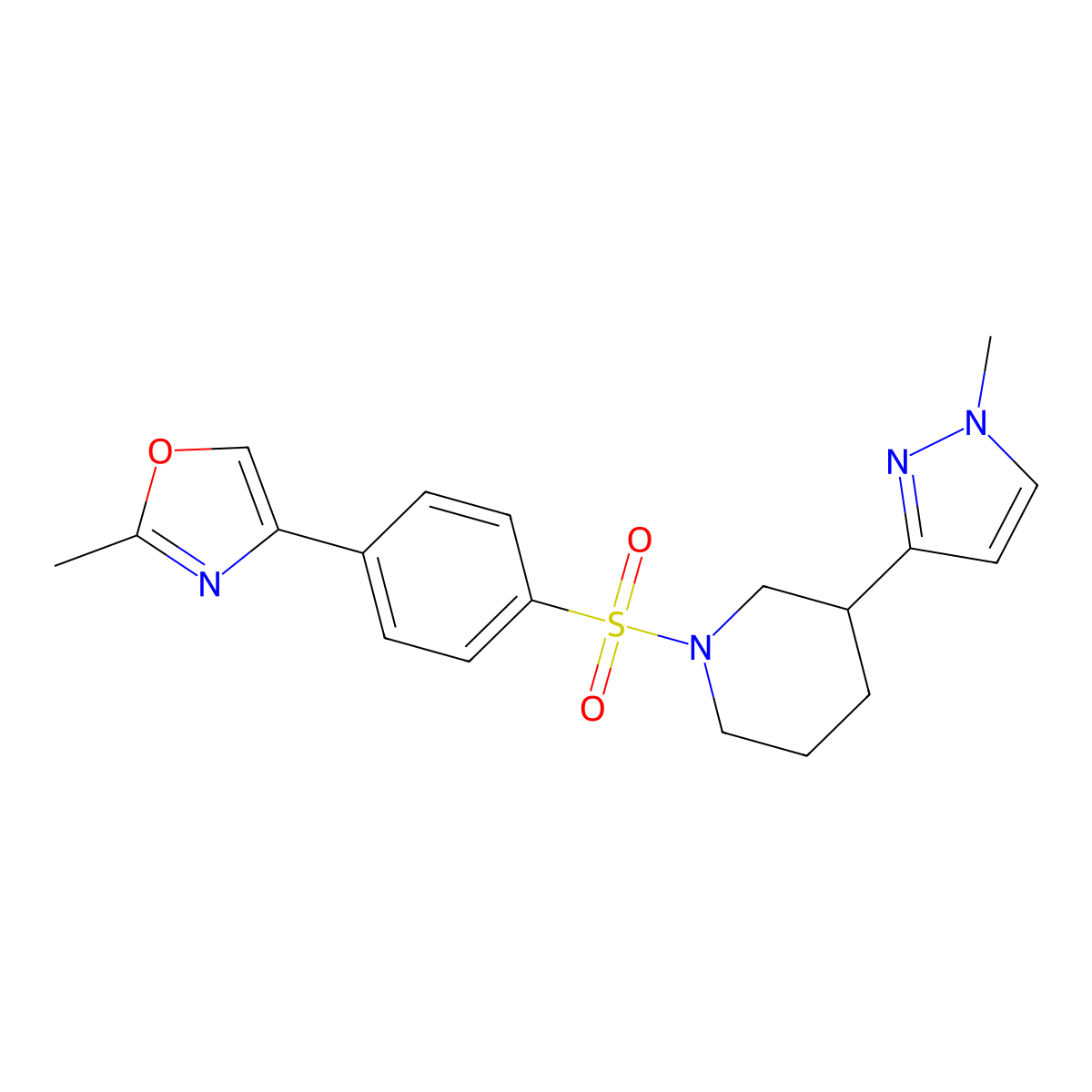 2-methyl-4-(4-((3-(1-methyl-1H-pyrazol-3-yl)piperidin-1-yl)sulfonyl)phenyl)oxazole molecular structure, CAS 2176270-74-7