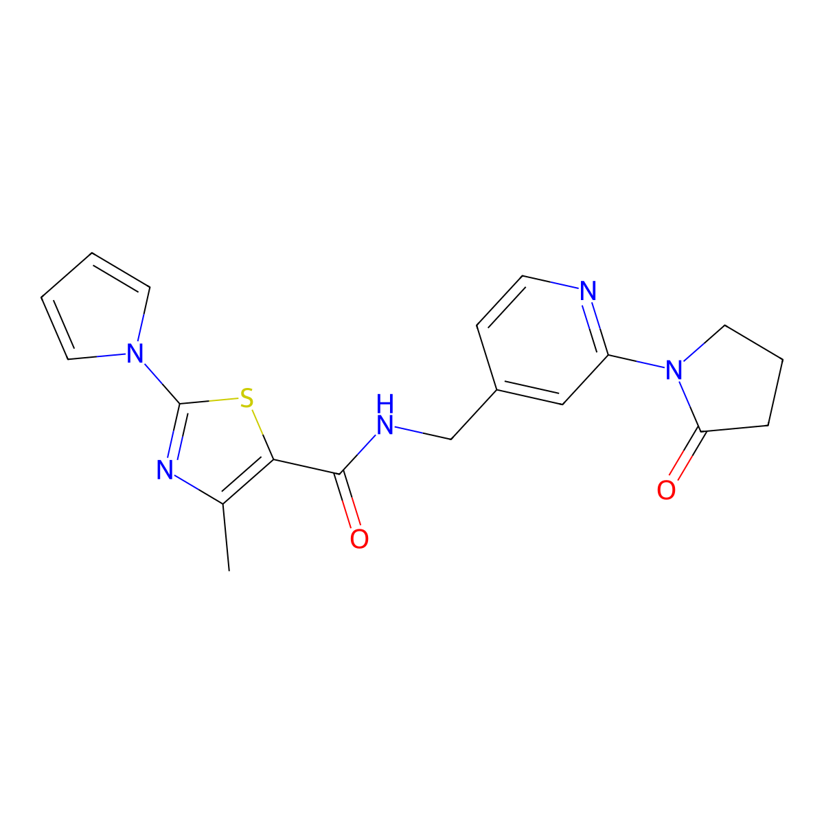 4-methyl-N-{[2-(2-oxopyrrolidin-1-yl)pyridin-4-yl]methyl}-2-(1H-pyrrol-1-yl)-1,3-thiazole-5-carboxamide molecular structure, CAS 2176270-92-9