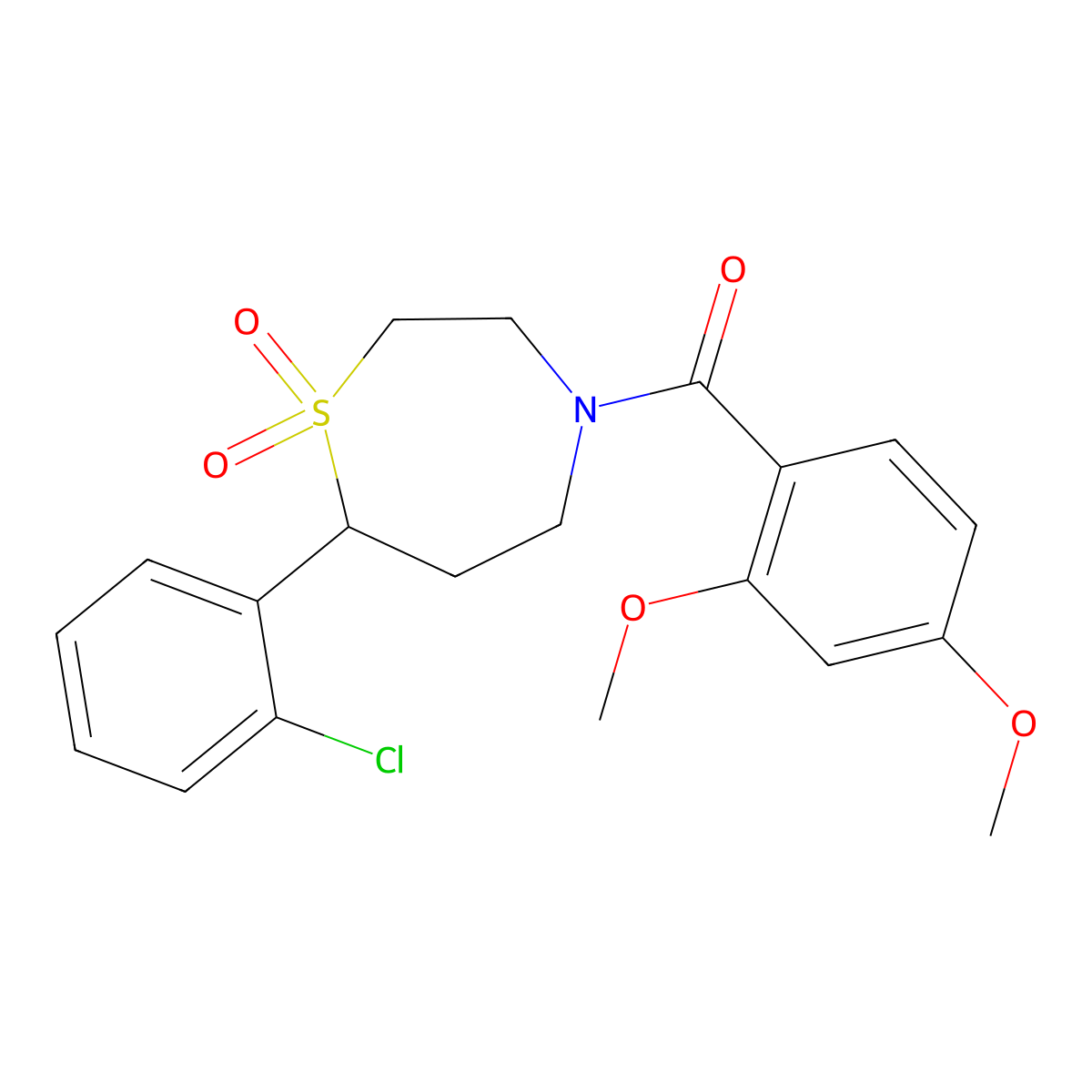 (7-(2-Chlorophenyl)-1,1-dioxido-1,4-thiazepan-4-yl)(2,4-dimethoxyphenyl)methanone molecular structure, CAS 2176270-99-6