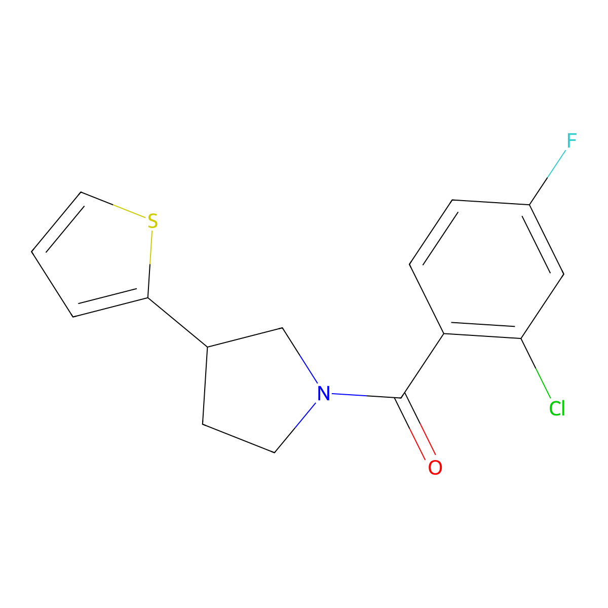 (2-Chloro-4-fluorophenyl)(3-(thiophen-2-yl)pyrrolidin-1-yl)methanone molecular structure, CAS 2176271-01-3