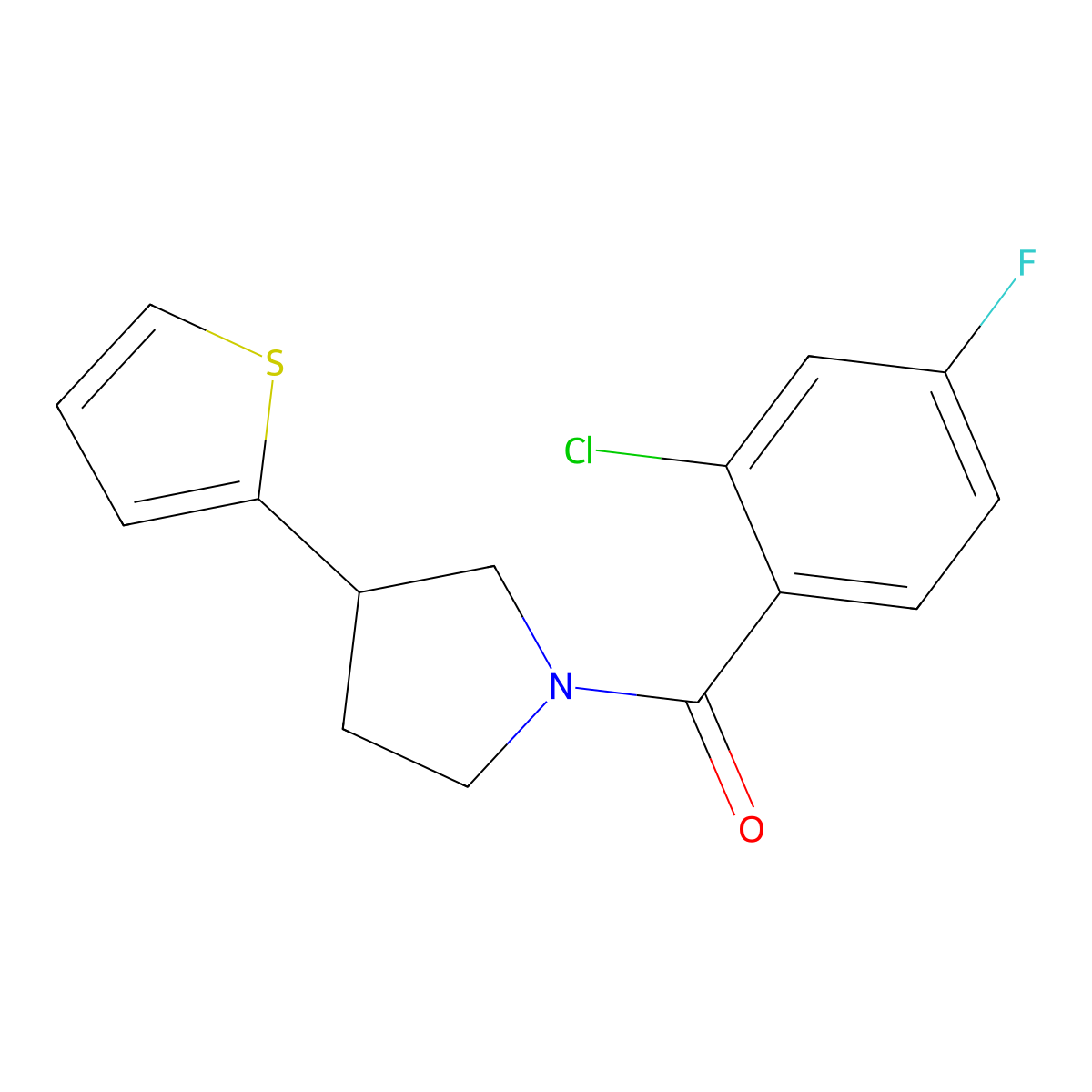 (2-Chloro-4-fluorophenyl)(3-(thiophen-2-yl)pyrrolidin-1-yl)methanone molecular structure, CAS 2176271-01-3