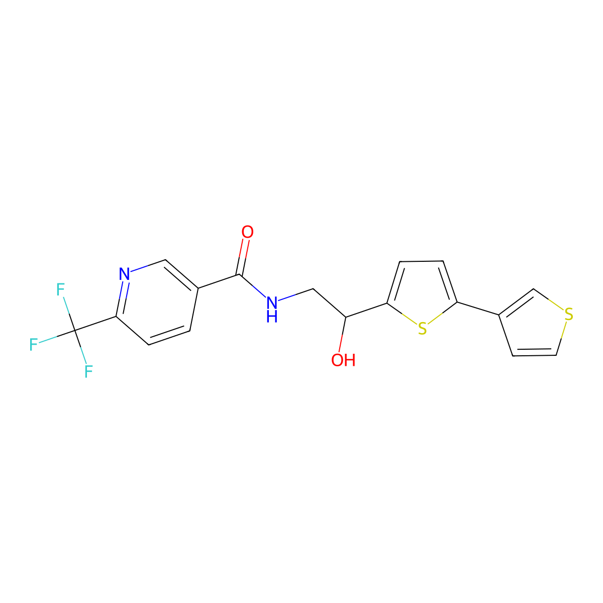 N-(2-{[2,3'-bithiophene]-5-yl}-2-hydroxyethyl)-6-(trifluoromethyl)pyridine-3-carboxamide molecular structure, CAS 2176338-50-2