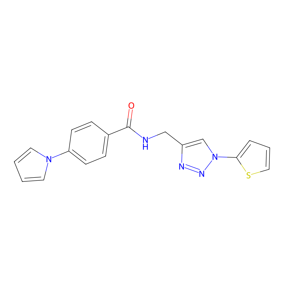 4-(1H-pyrrol-1-yl)-N-{[1-(thiophen-2-yl)-1H-1,2,3-triazol-4-yl]methyl}benzamide molecular structure, CAS 2176338-52-4