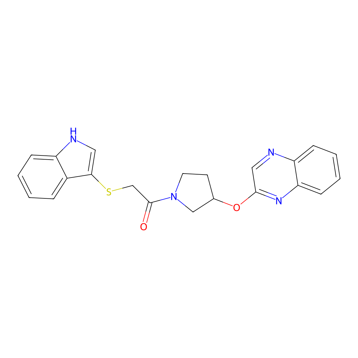 2-((1H-indol-3-yl)thio)-1-(3-(quinoxalin-2-yloxy)pyrrolidin-1-yl)ethan-1-one molecular structure, CAS 2176338-55-7