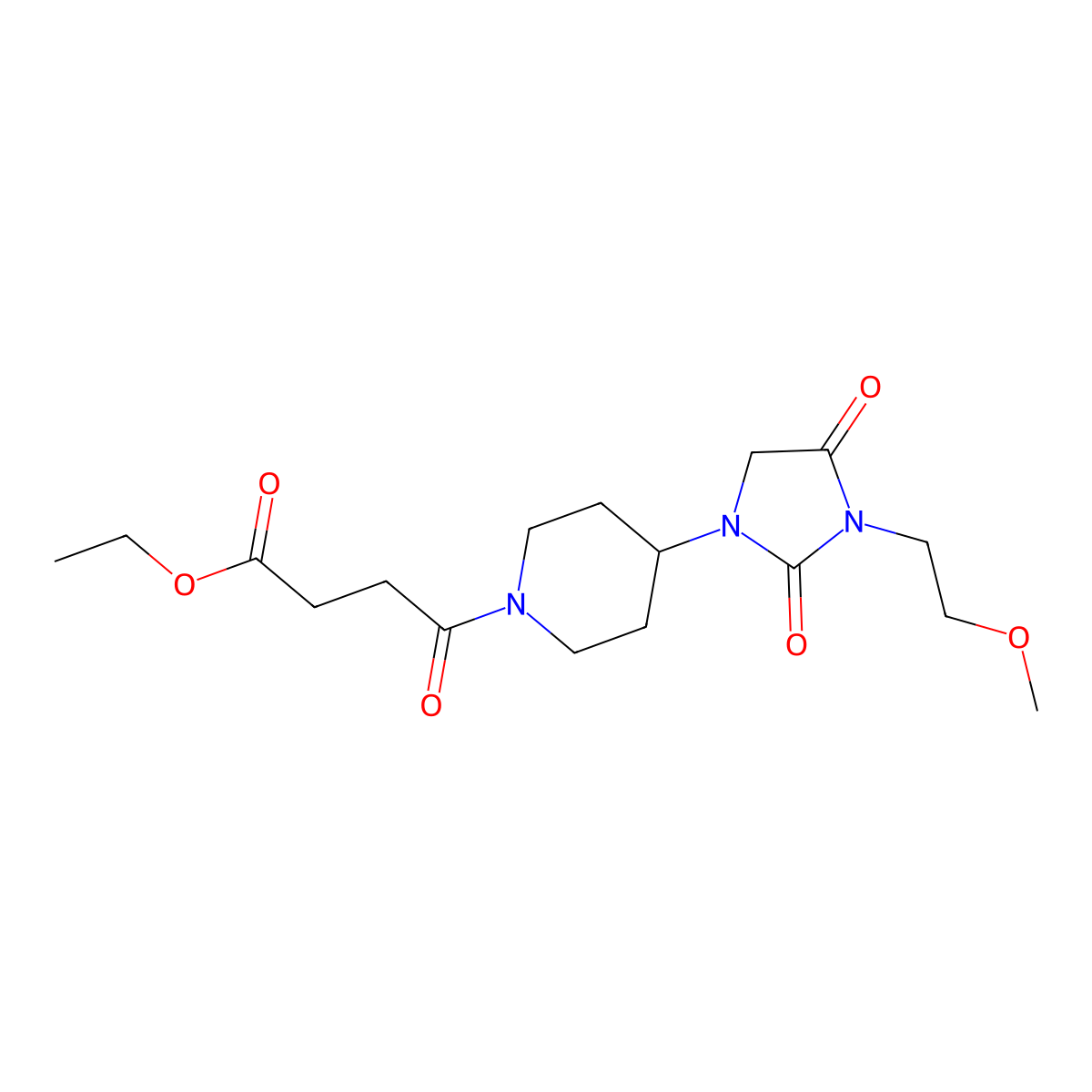 Ethyl 4-(4-(3-(2-methoxyethyl)-2,4-dioxoimidazolidin-1-yl)piperidin-1-yl)-4-oxobutanoate molecular structure, CAS 2176338-56-8