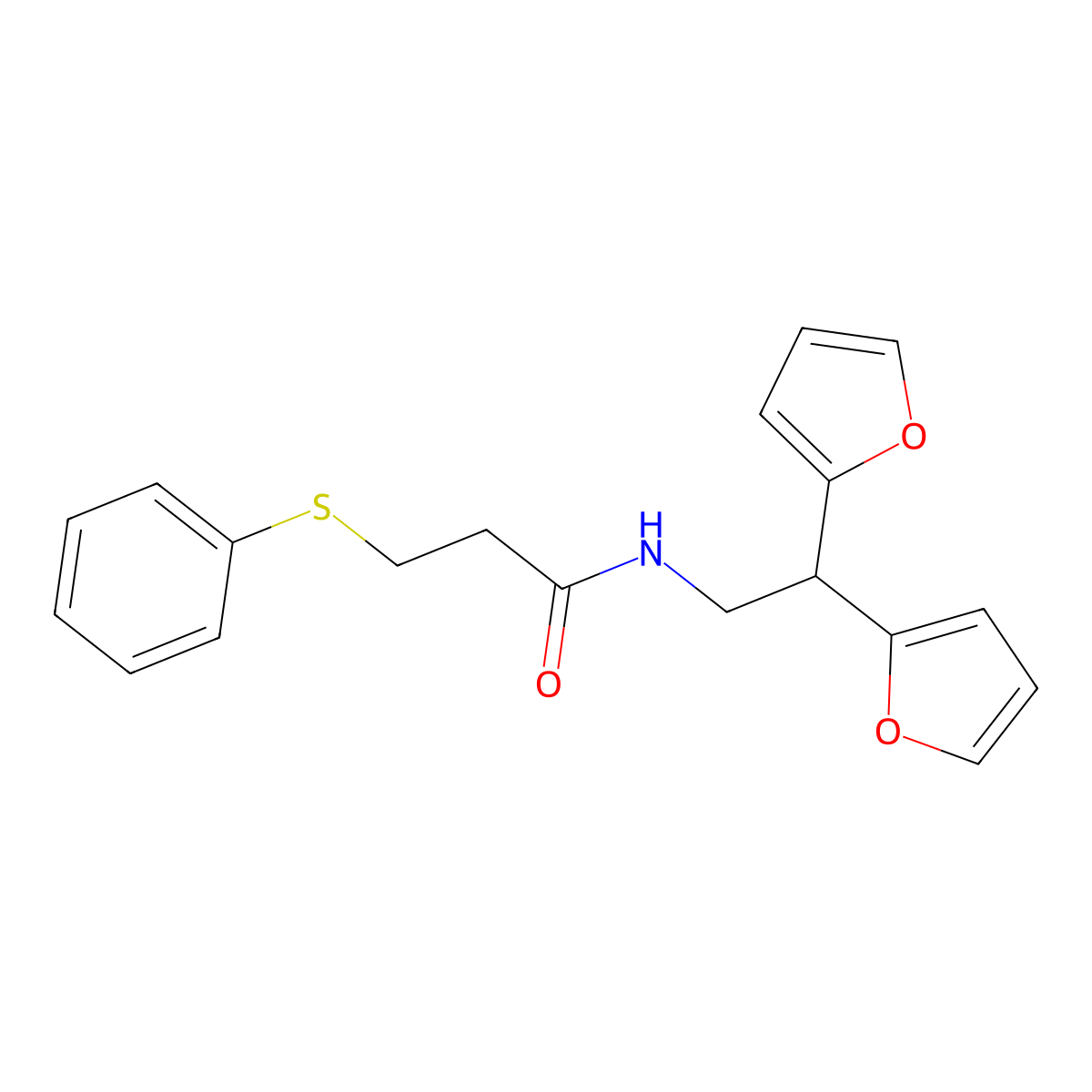 N-(2,2-di(furan-2-yl)ethyl)-3-(phenylthio)propanamide molecular structure, CAS 2176338-61-5