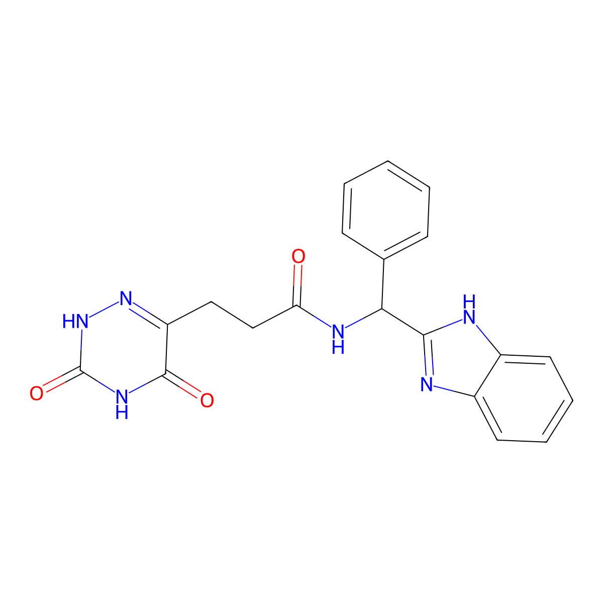 (R)-N-((1H-Benzo[d]imidazol-2-yl)(phenyl)methyl)-3-(5-hydroxy-3-oxo-3,4-dihydro-1,2,4-triazin-6-yl)propanamide molecular structure, CAS 2176988-73-9