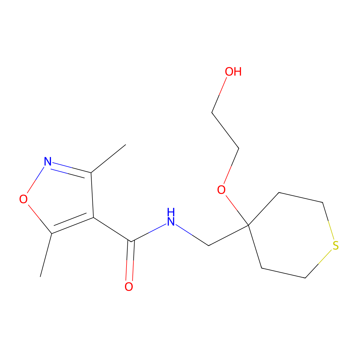 N-((4-(2-hydroxyethoxy)tetrahydro-2H-thiopyran-4-yl)methyl)-3,5-dimethylisoxazole-4-carboxamide molecular structure, CAS 2177059-55-9