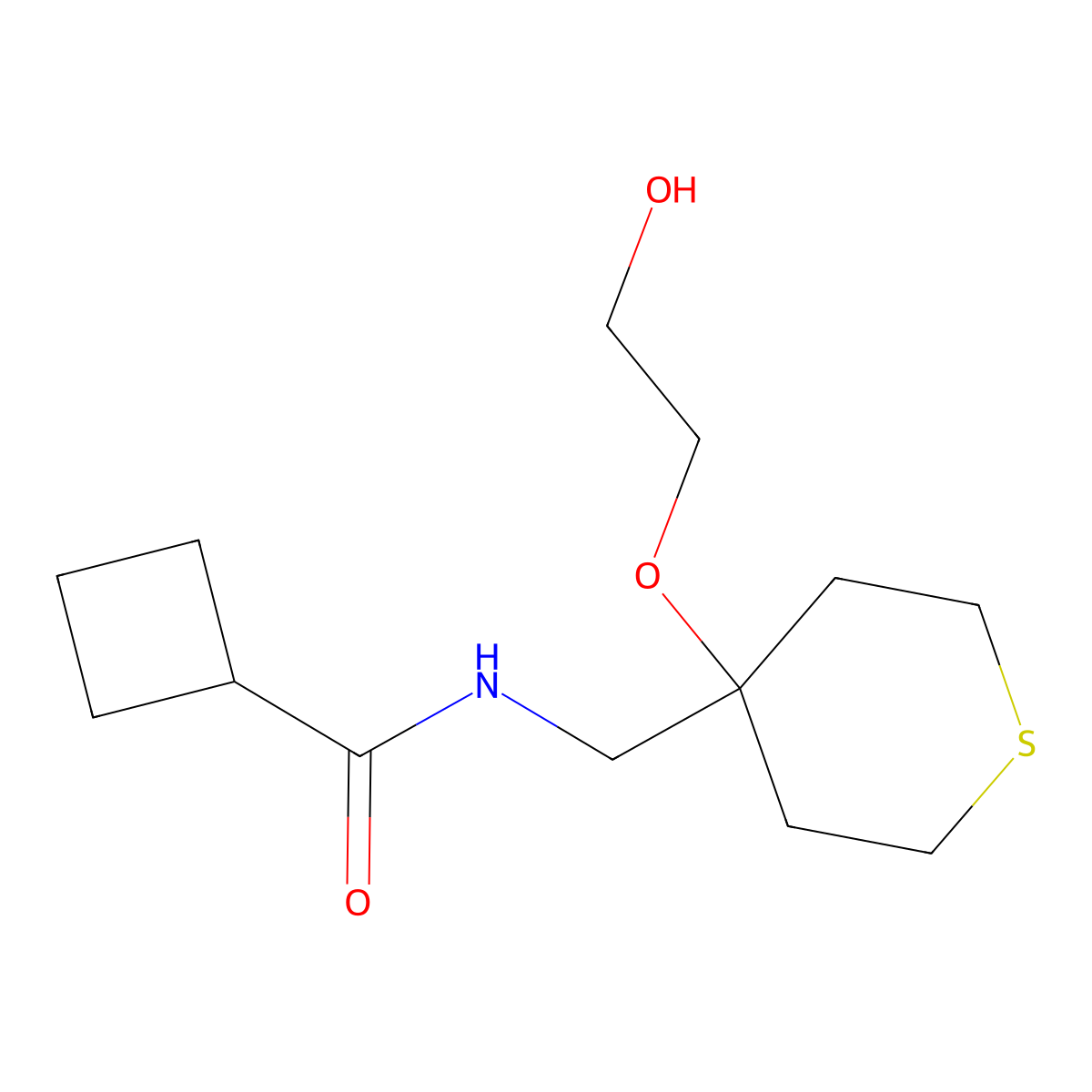 N-((4-(2-hydroxyethoxy)tetrahydro-2H-thiopyran-4-yl)methyl)cyclobutanecarboxamide molecular structure, CAS 2177059-67-3