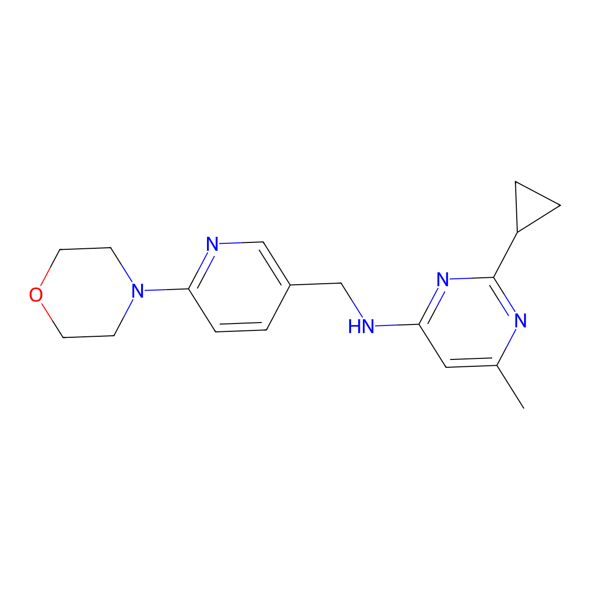 2-cyclopropyl-6-methyl-N-((6-morpholinopyridin-3-yl)methyl)pyrimidin-4-amine molecular structure, CAS 2177059-98-0