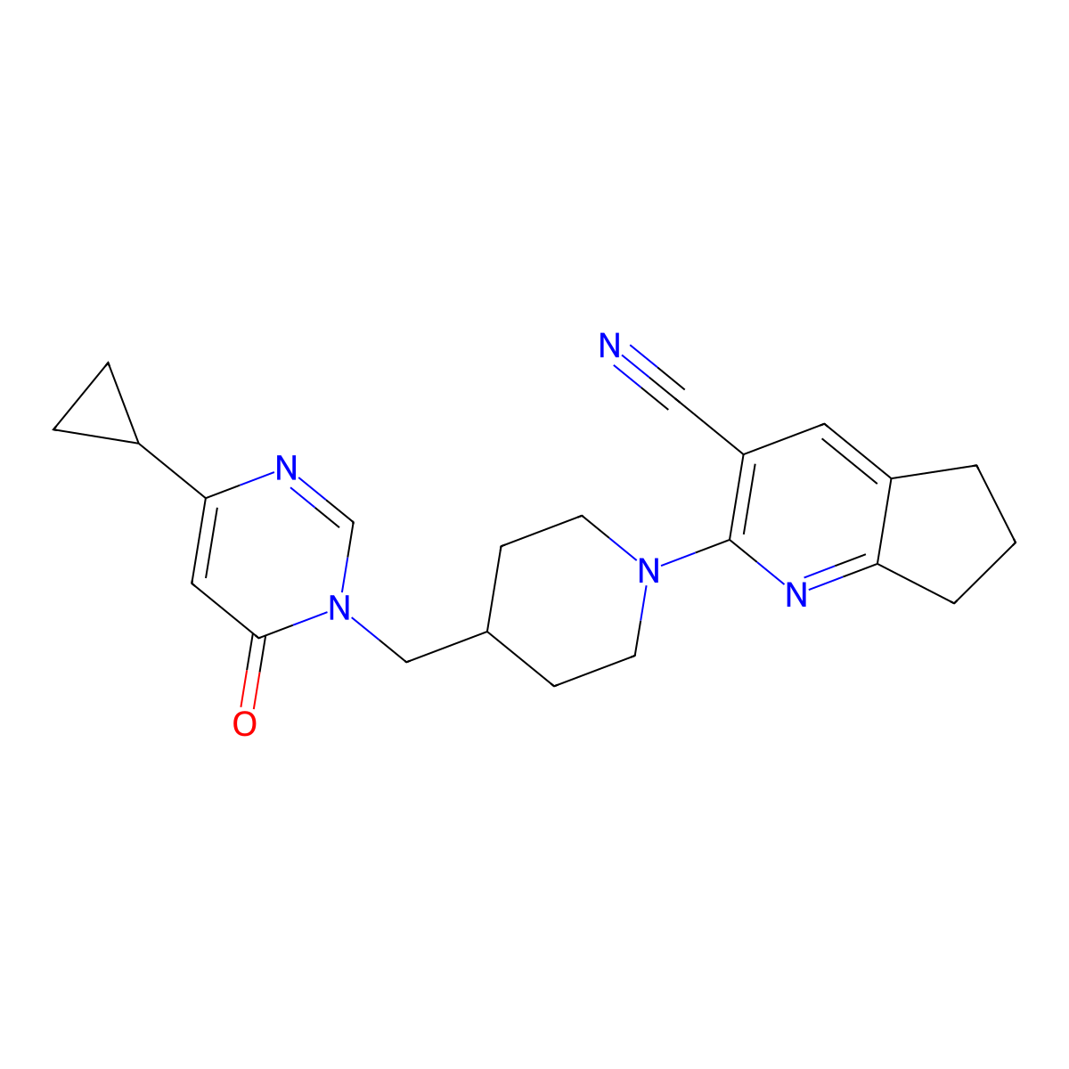 2-{4-[(4-cyclopropyl-6-oxo-1,6-dihydropyrimidin-1-yl)methyl]piperidin-1-yl}-5H,6H,7H-cyclopenta[b]pyridine-3-carbonitrile molecular structure, CAS 2177060-00-1